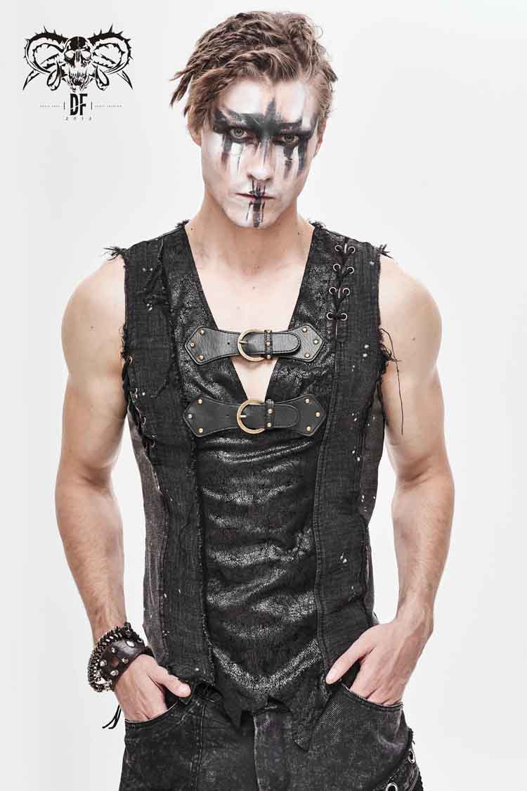 Black V-Neck Sleeveless Ripped Buckle Straps Men's Gothic Vest