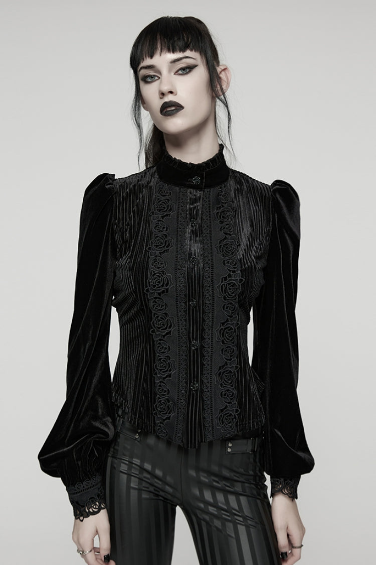 ブラックスタンドカラー長袖パフスリーブ花柄刺繍レースアップ女性用ゴシックブラウス 