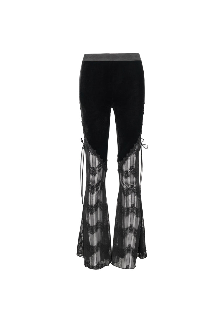 Black Striped Panel Semi Sheer Lace Up Long Women's Gothic Pants