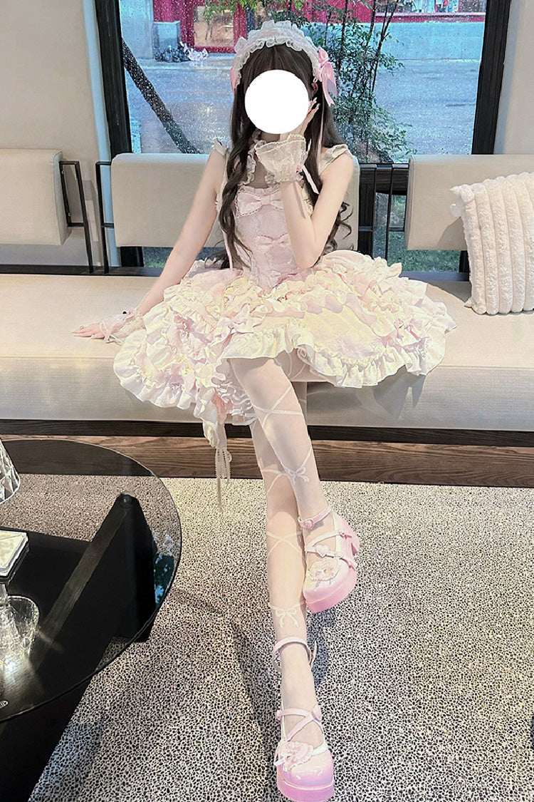 Pink [Heart of Butterfly] Halterneck Sleeveless Multi-Layered Ruffle Embroidery Princess Ballet Lolita Jsk Dress Set