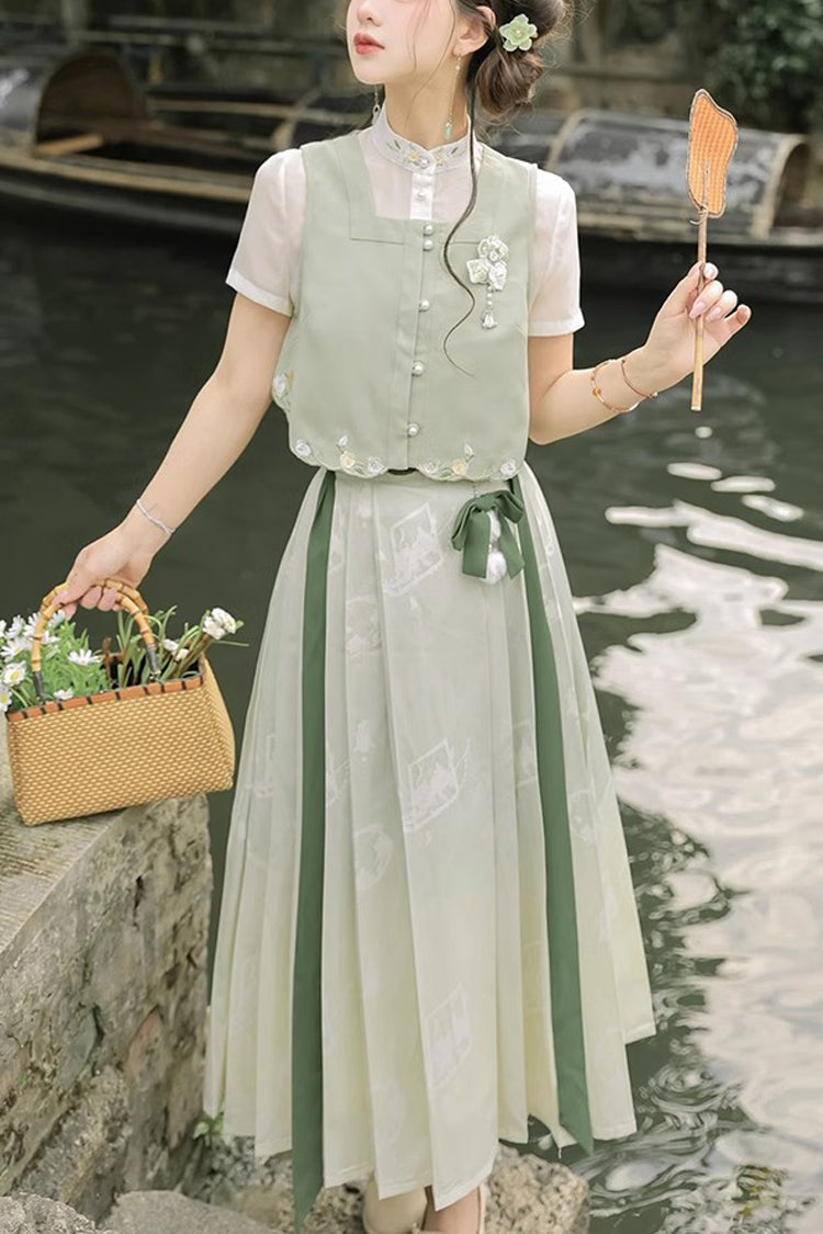 緑のラウンドカラー半袖刺繍パールボタン甘い漢服ドレスフルセット