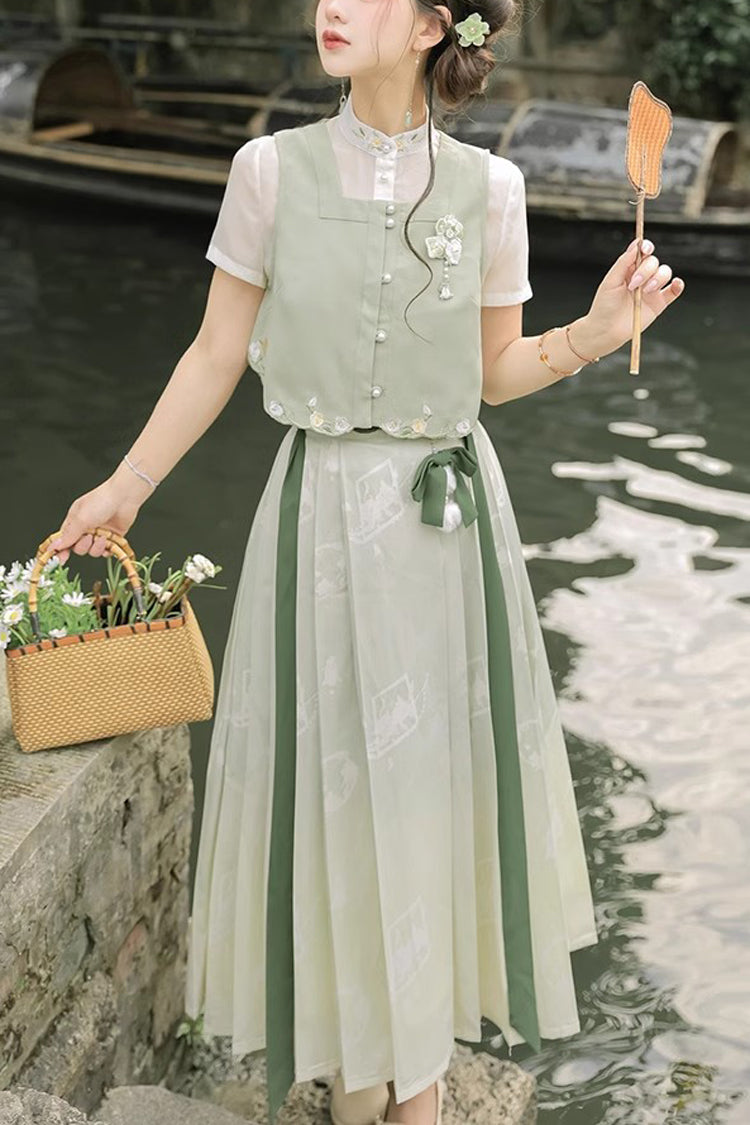 Green Round Collar Short Sleeves Embroidered Pearl Buttons Sweet Hanfu Dress Full Set