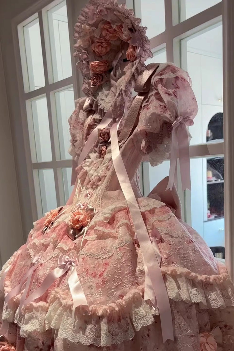 Pink [Rose Manor] Short Puff Sleeves Ruffle Bowknot Lace Sweet Japanese Princess Lolita Dress