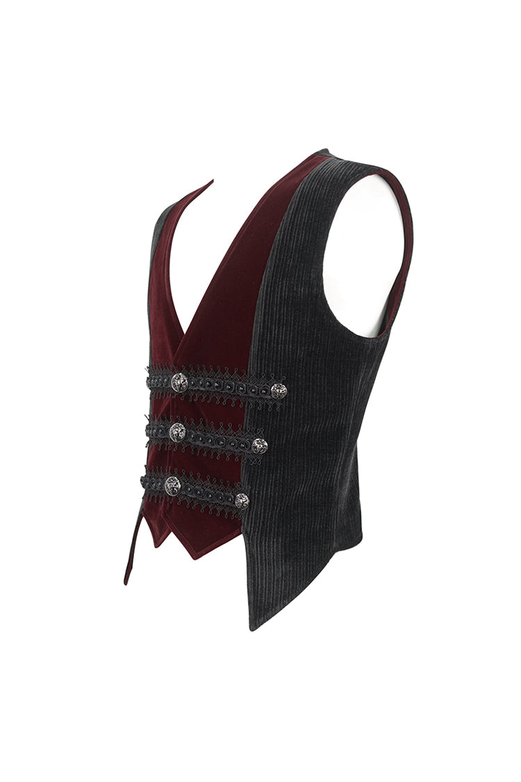 Black/Red Irregular Velvet Splice Corduroy Men's Gothic Waistcoat