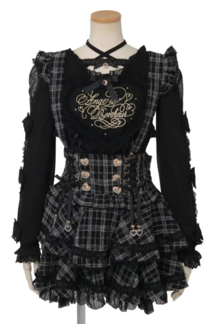 甘地雷系多層プリントフリルスプライスレース日本製サスペンダースカート 3色