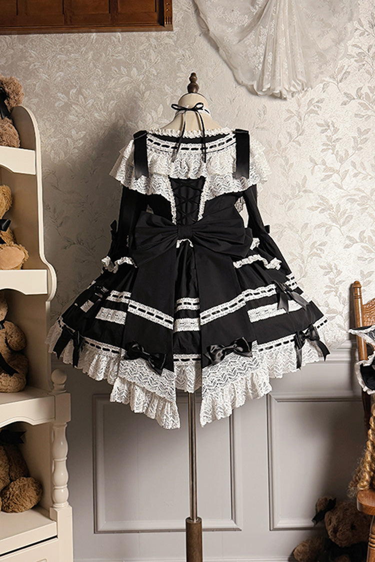 Black [Rabbit Sleeping Doll] Long Trumpet Sleeves Ruffle Bowknot Lace Sweet Lolita Dress