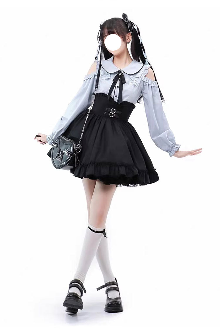 Black/Blue Off Shoulder Long Sleeves Ruffle Bowknot Sweet Jirai Kei Japanese Set