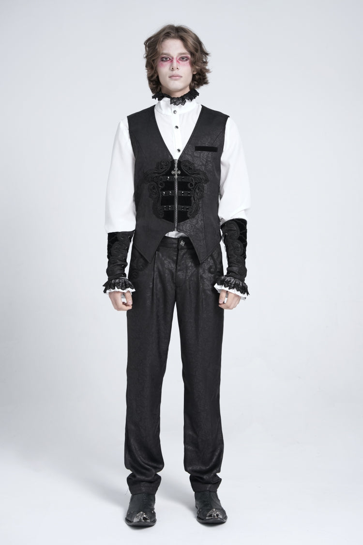 Black Sleeveless Floral Embroidery Stitching Velvet Men's Gothic Vest