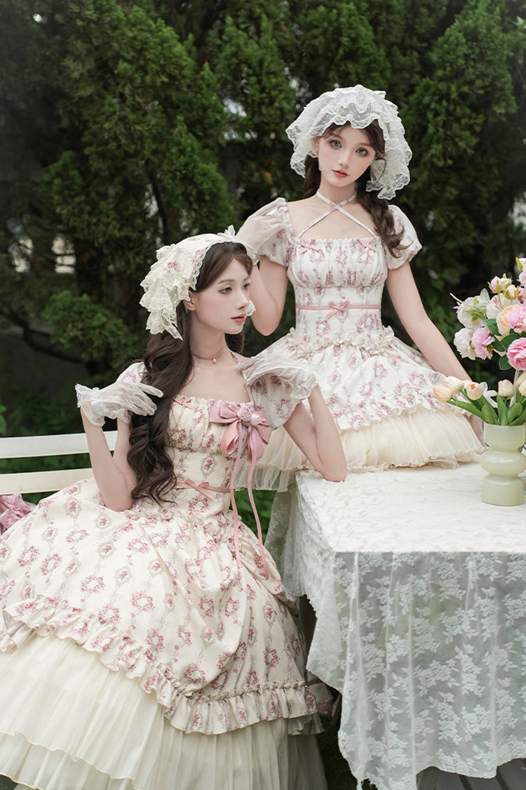 Robe longue Sweet Lolita en ivoire [Rose après la pluie] à manches courtes, à volants à trois couches, avec nœud papillon et lacets 