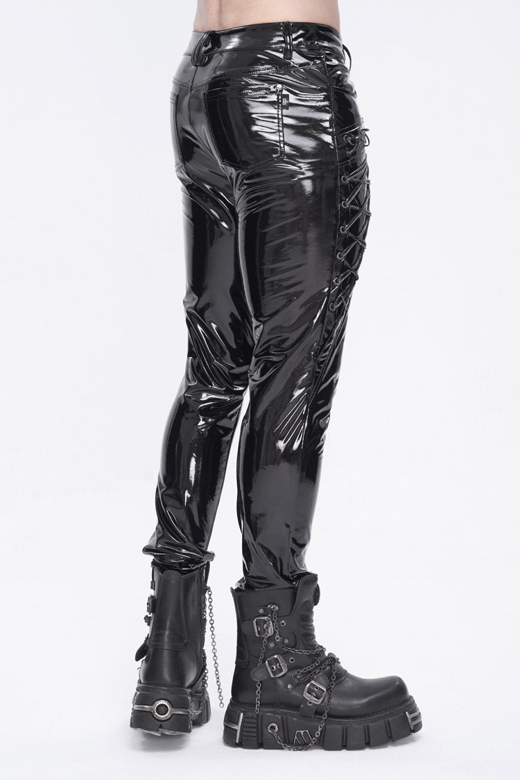 Black Lace Up Patent Leather Men's Punk Pants