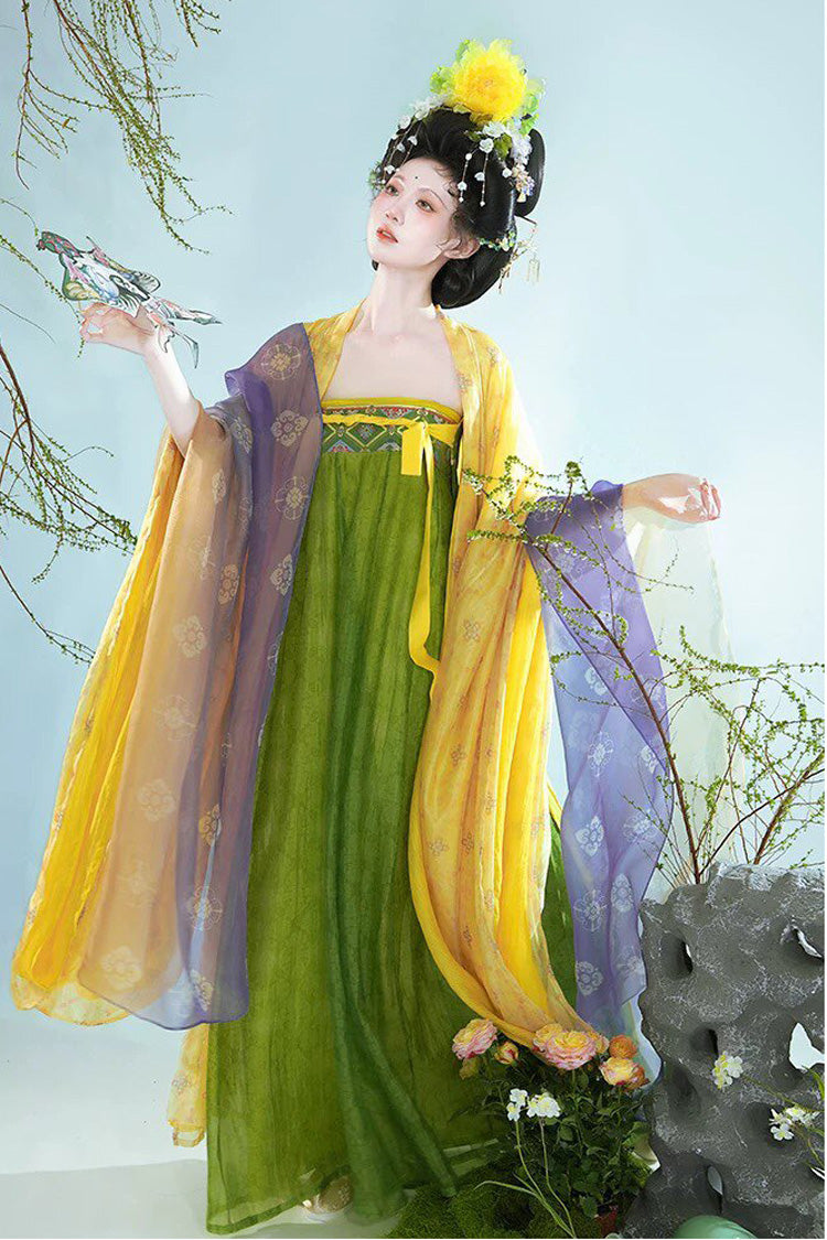 Yellow/Green [Plus-Size Styles] Long Sleeves High Waisted Ombre Printed Women's Casual Classic Elegant Hanfu Set