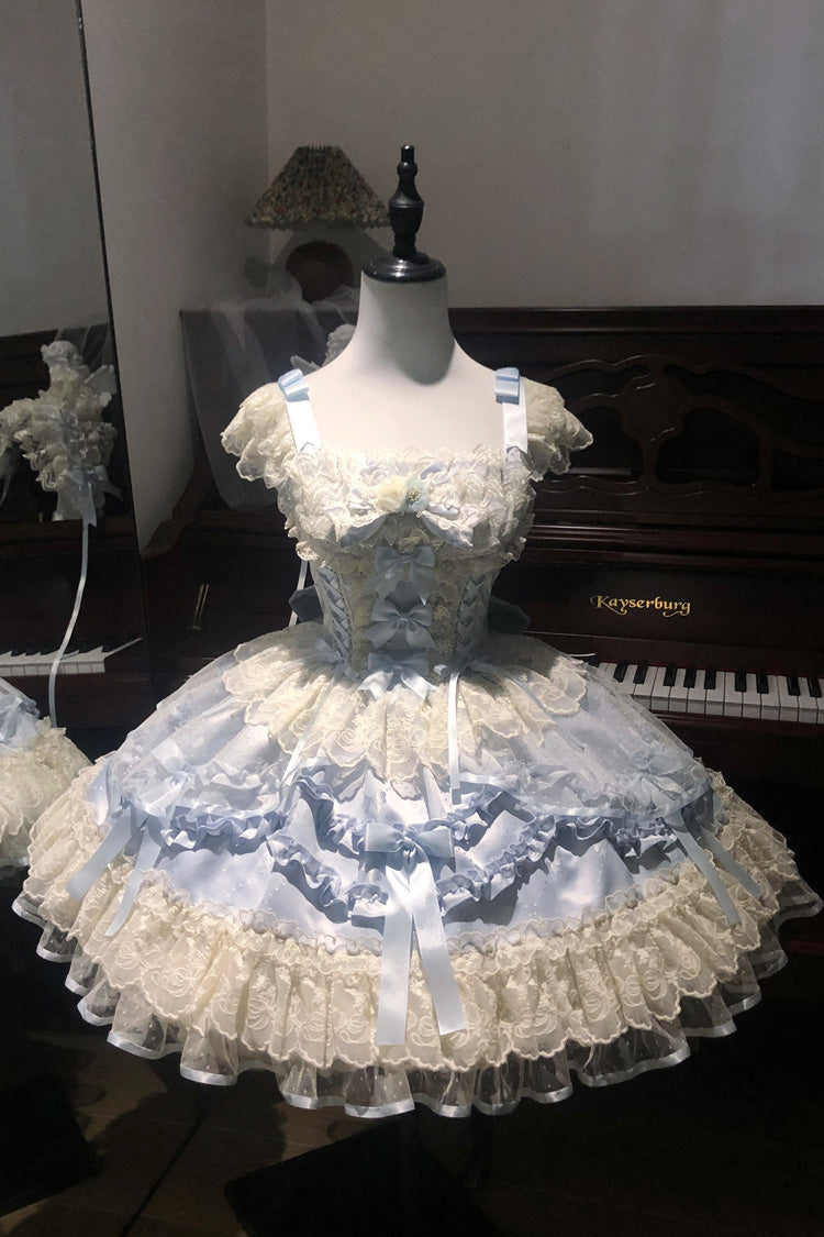 Blue [Dreaming Butterfly] Multi-Layered Jacquard Ruffle Bowknot Lace Sweet Princess Lolita Jsk Dress