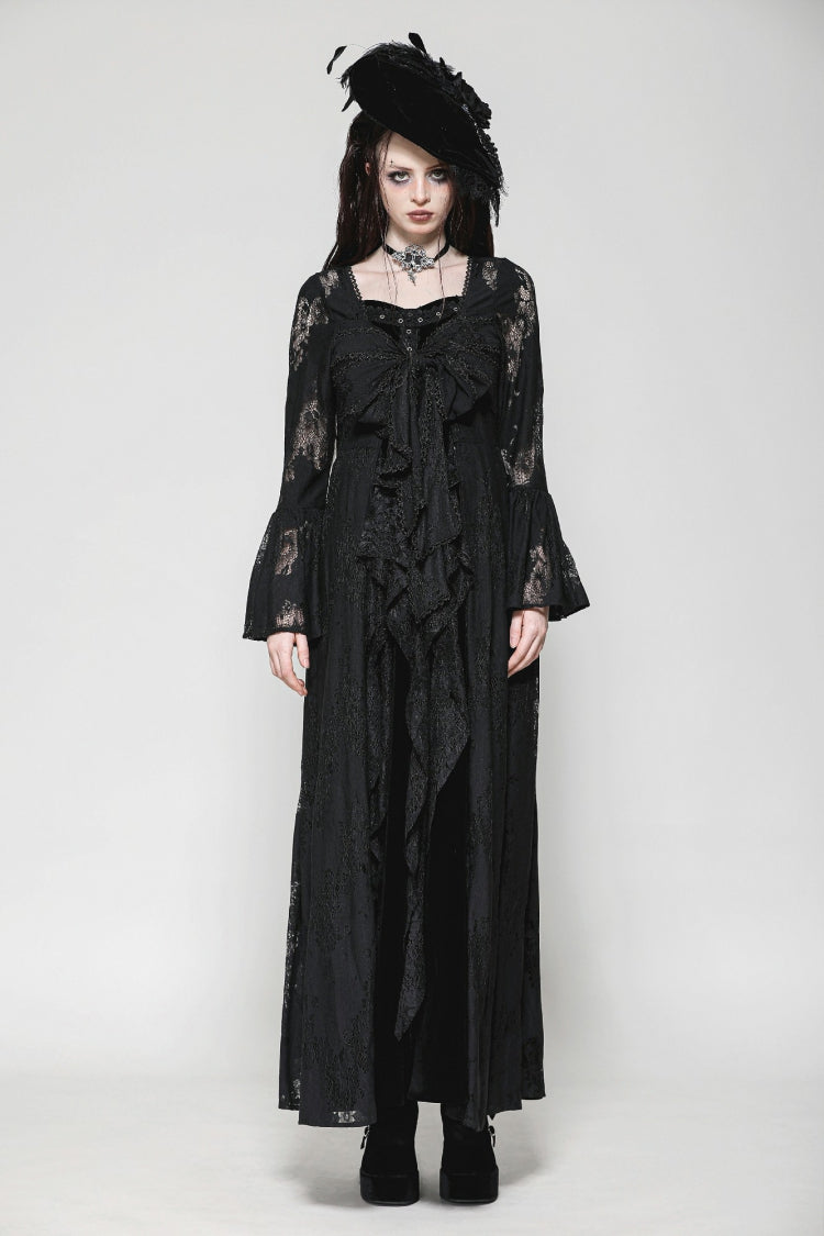 Schwarze, lange, ausgestellte Ärmel, Spitzenbesatz, Schnür-Damen-Gothic-Elegante Robe