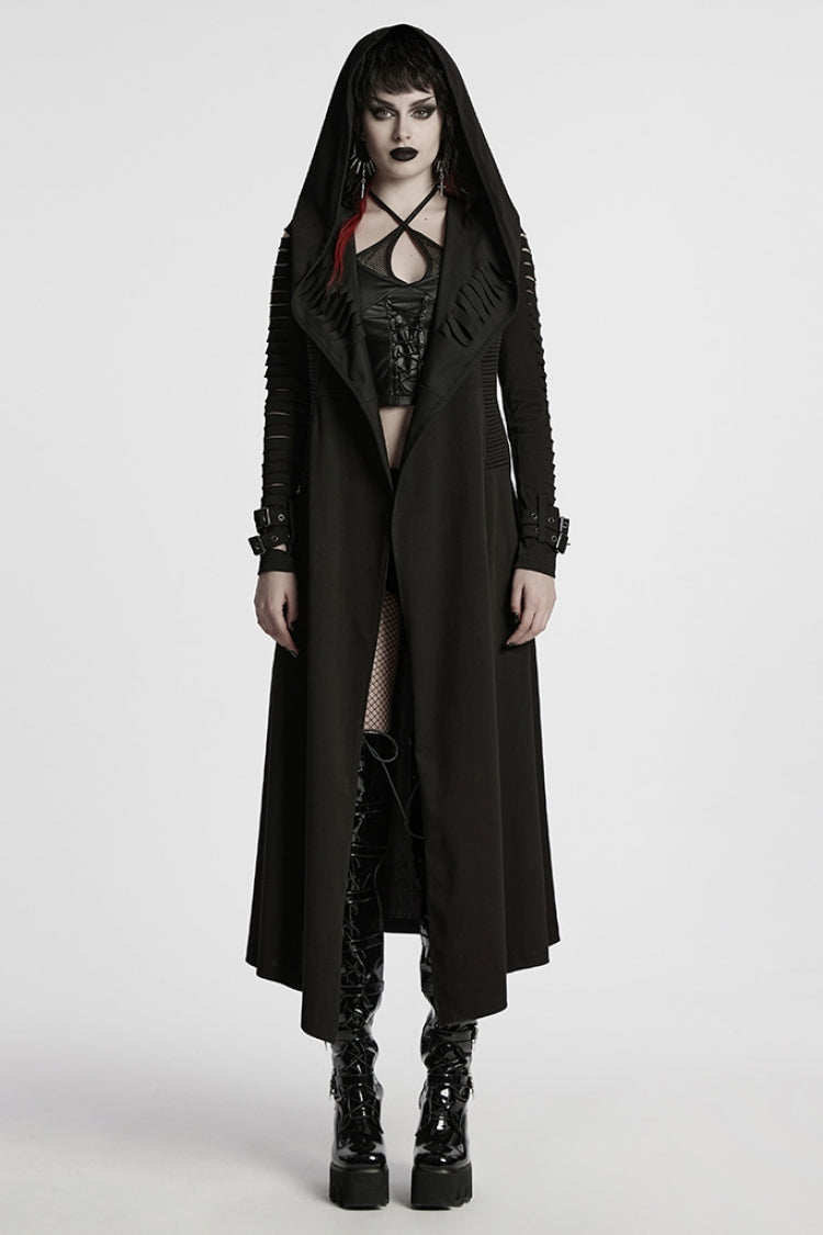 Manteau long punk noir à manches longues avec capuche et boucles déchirées pour femme 