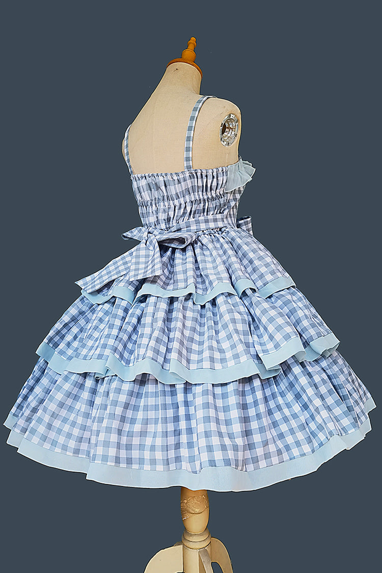 Blue [Cloth Cat] Triple-Layered Plaid Print Ruffle Bowknot Sweet Lolita Dress 2 Colors