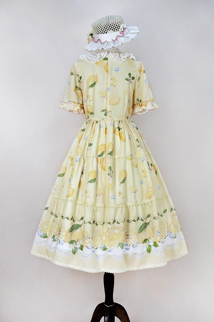 Yellow [Lemon Chicken] Short Sleeves Print Ruffle Bowknot Lace Daily Sweet Lolita Dress