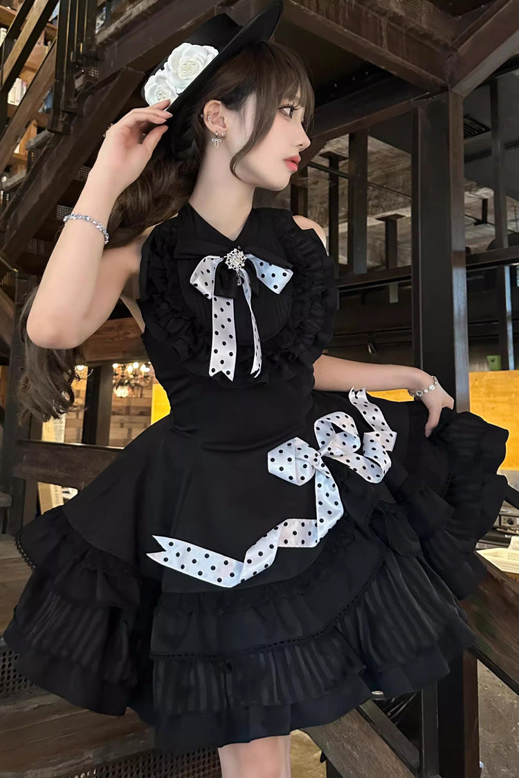 Black Multi-Layered Polka Dots Print Ruffle Bowknot Gothic Lolita Dress