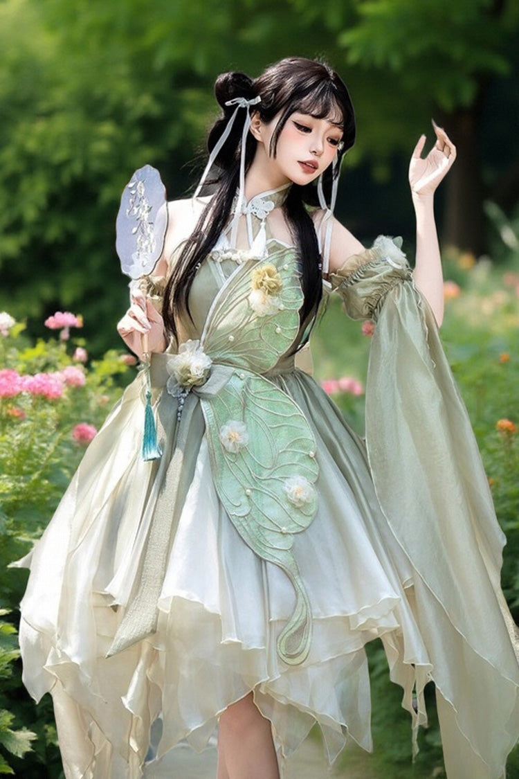 Grünes Neckholder ärmelloses Schleifenknoten Spitzen unregelmäßiges süßes chinesisches Lolita Jsk Kleid 