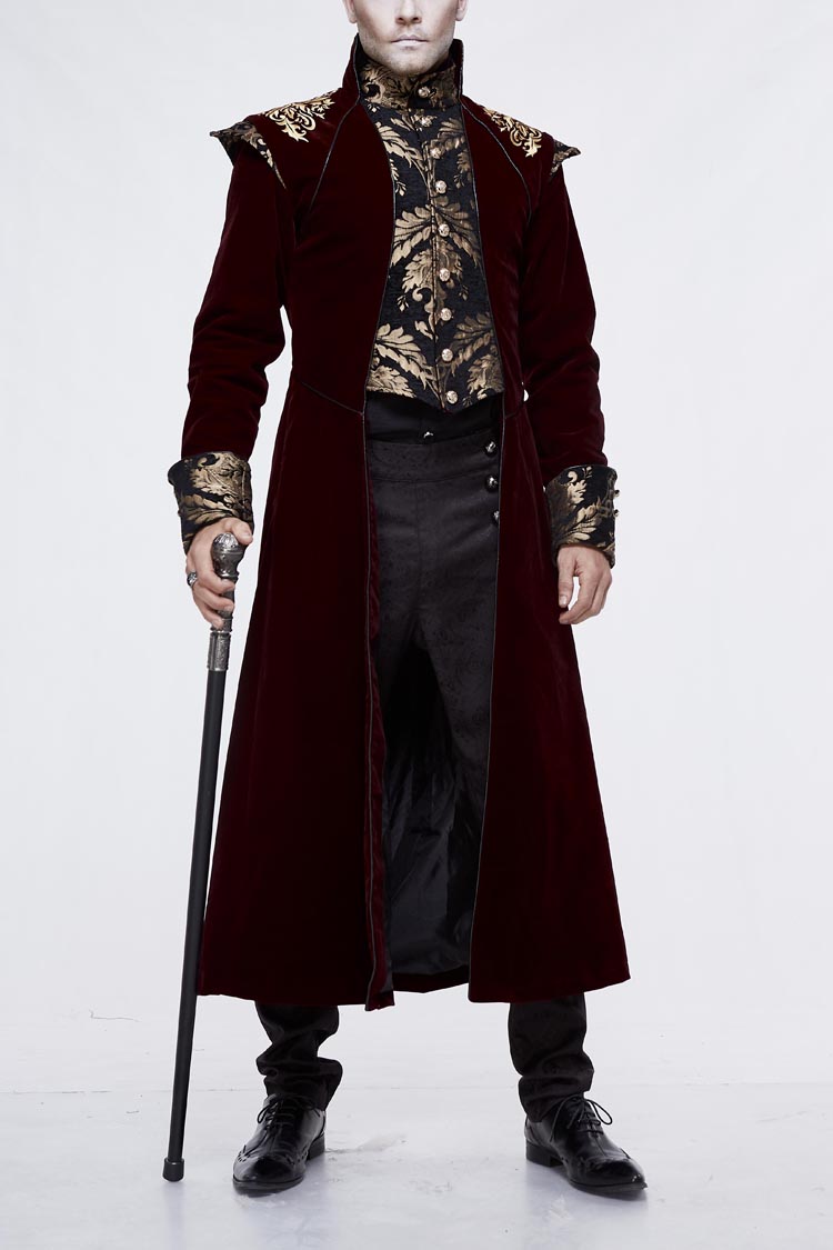 Black/Red Jacquard Gold Faded Buttons Fleece Long Men's Gothic Coat