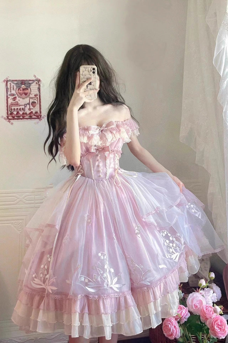 Pink Multi-layer Ruffle Embroidery Bowknot Sweet Princess Lolita Jsk Dress