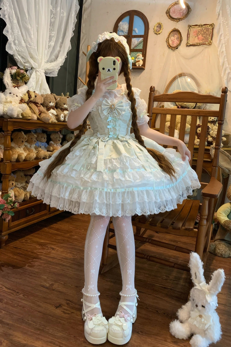 Green [Snow Kissed Romance] Sleeveless High Waisted Multi-Layered Bowknot Lace Pearl Sweet Ballet Lolita Jsk Dress