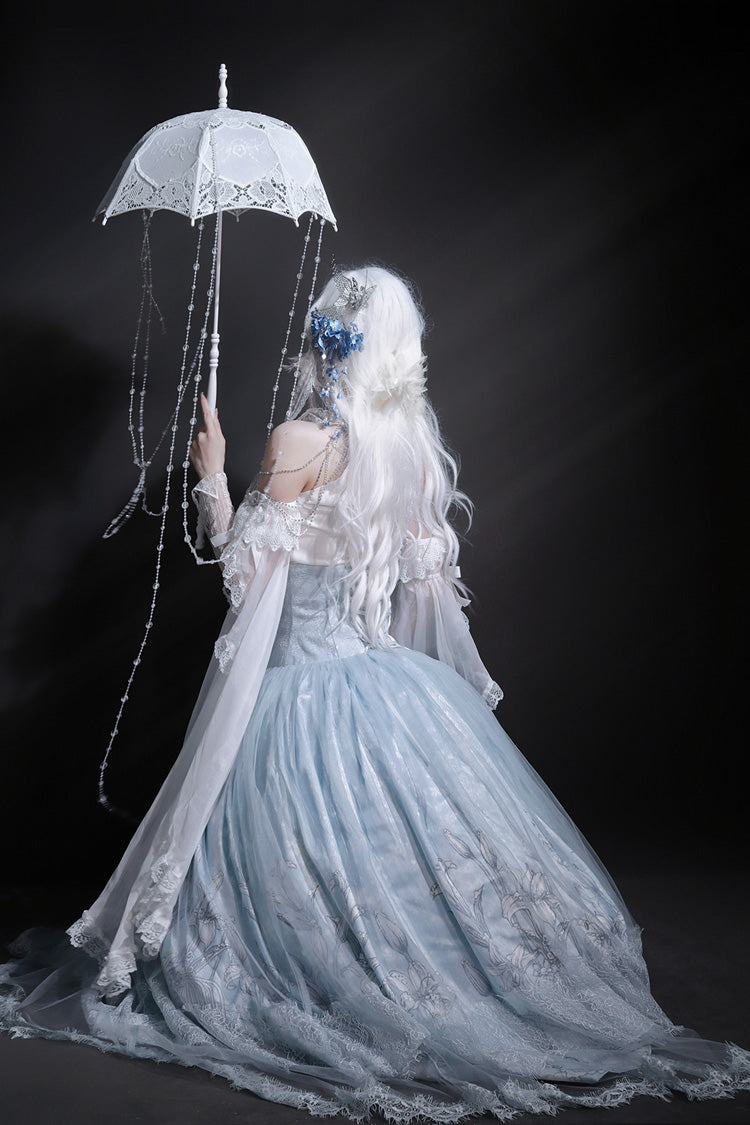 Blue [Snow Lily] Print Ruffle Hanayome Embroidery Bowknot Lace-Up Sweet Elegant Princess Lolita Skirt Set