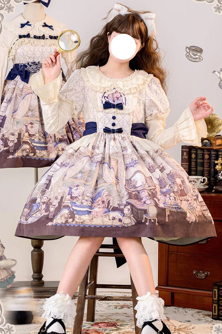 Multi-Color Short Sleeves Cat Manor Print Embroidery Bowknot Sweet Lolita OP Dress