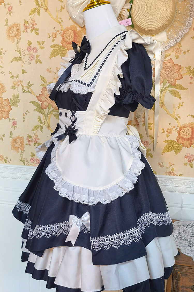 Schwarz/Weiß Kurzarm Dreifach-Lagen Rüsche Schleifenknoten Spitze Süßes Plus Size Dienstmädchen Lolita Kleid Set 