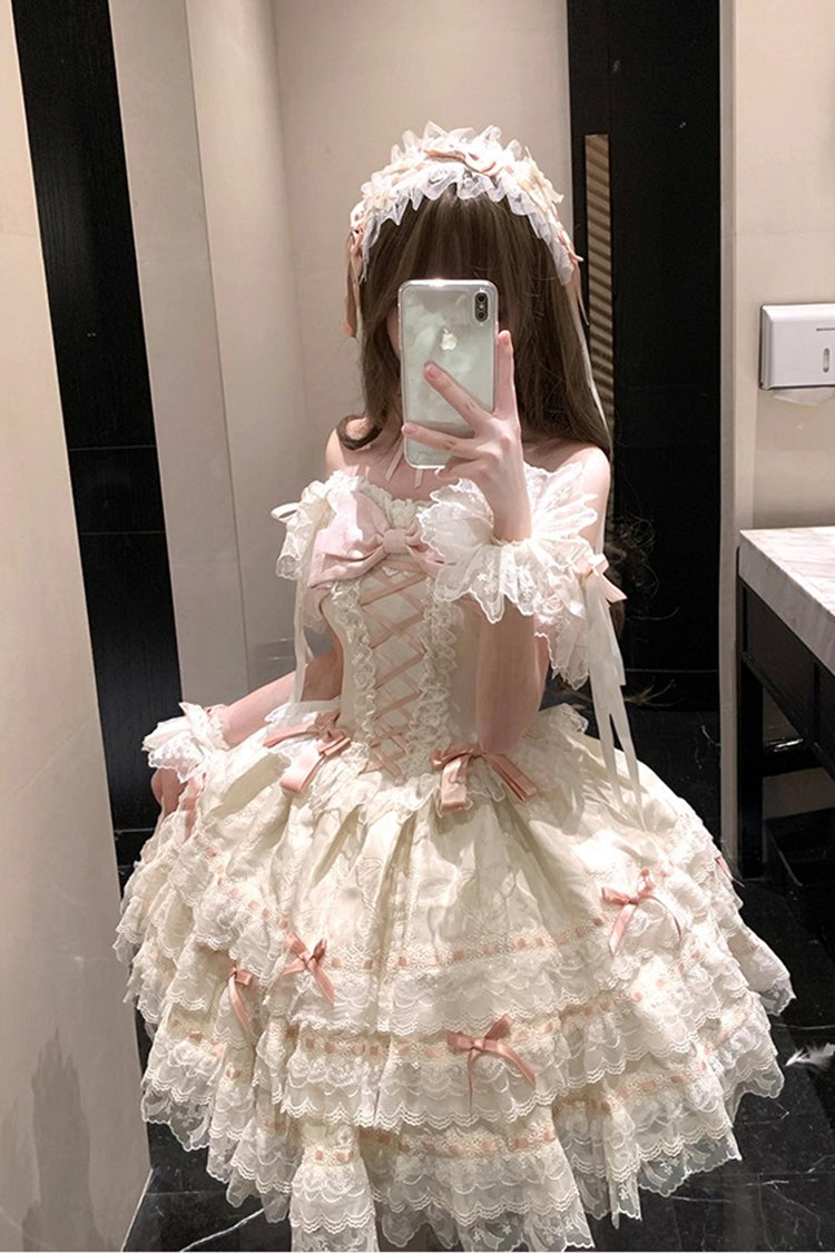 Abricot [Papillon de l'île Flora] Robe Lolita Jsk élégante et douce sans manches avec volants, nœud et laçage en dentelle 