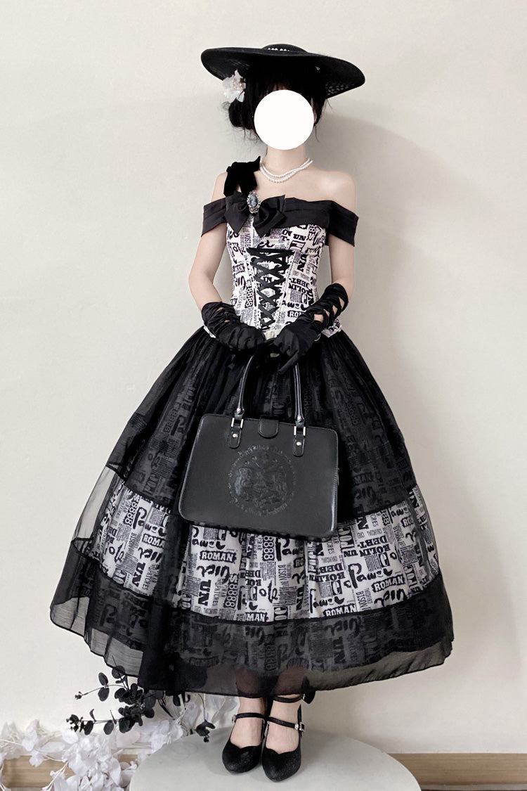 Black [Pin-Up Girl] Boat Neck Printed Ruffled Bow Lace-Up Asymmetric Gothic Elegant Lolita Skirt Set