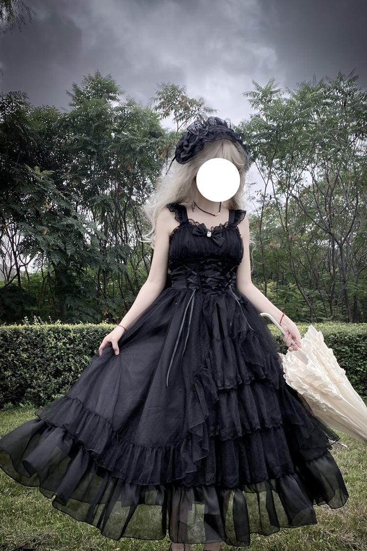 Schwarzes [Mondscheinsonate] Rüschen-Cardigan mit Schleife und Spitze, Gothic Vintage Lolita Jsk Kleid