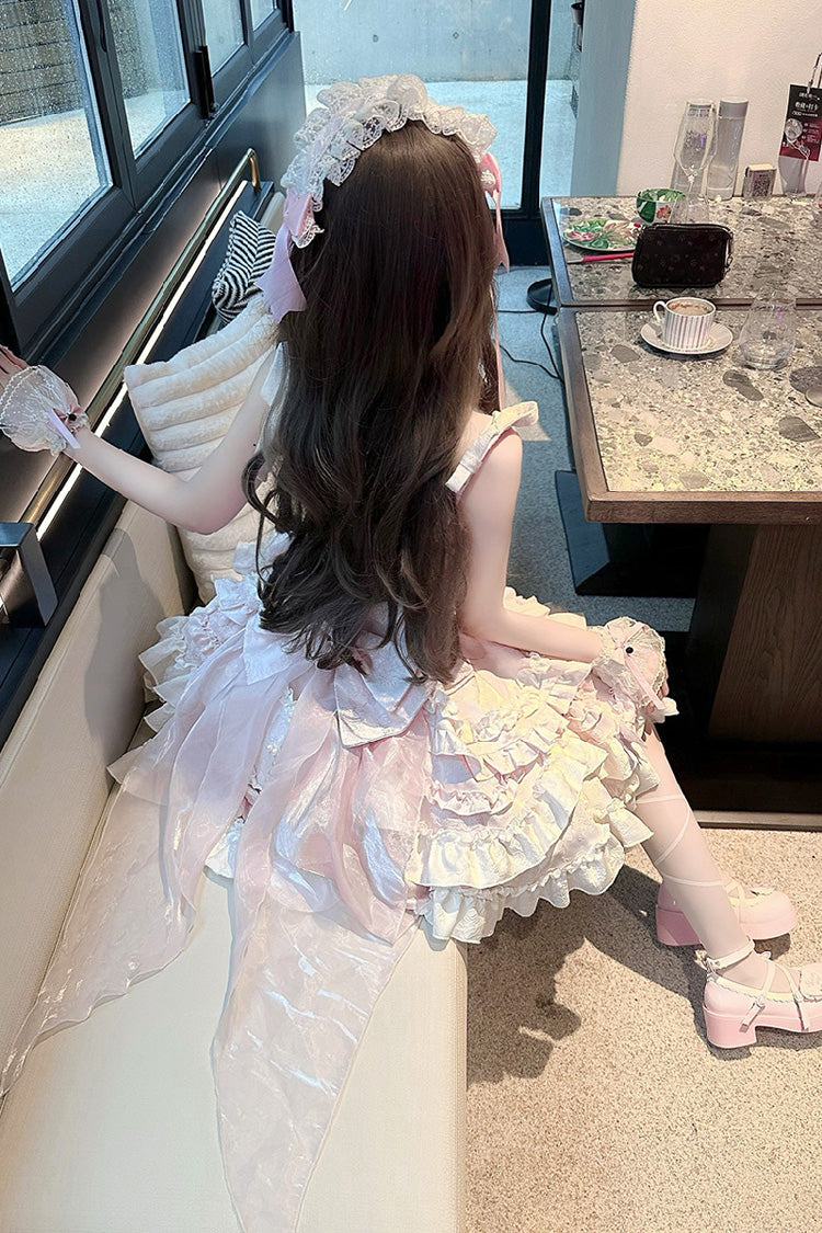 Pink [Heart of Butterfly] Halterneck Sleeveless Multi-Layered Ruffle Embroidery Princess Ballet Lolita Jsk Dress Set