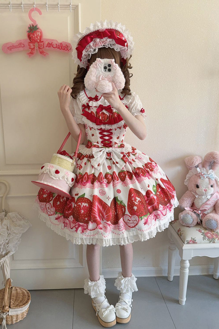 [Süße Beeren Geschichte] Erdbeerprint Rüschen Schleife Spitze Süßes Lolita Jsk Kleid 4 Farben 