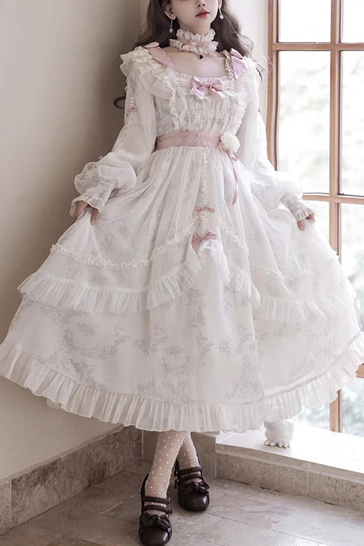 Ivory Long Sleeves Rose Print Bowknot Sweet Princess Lolita Dress