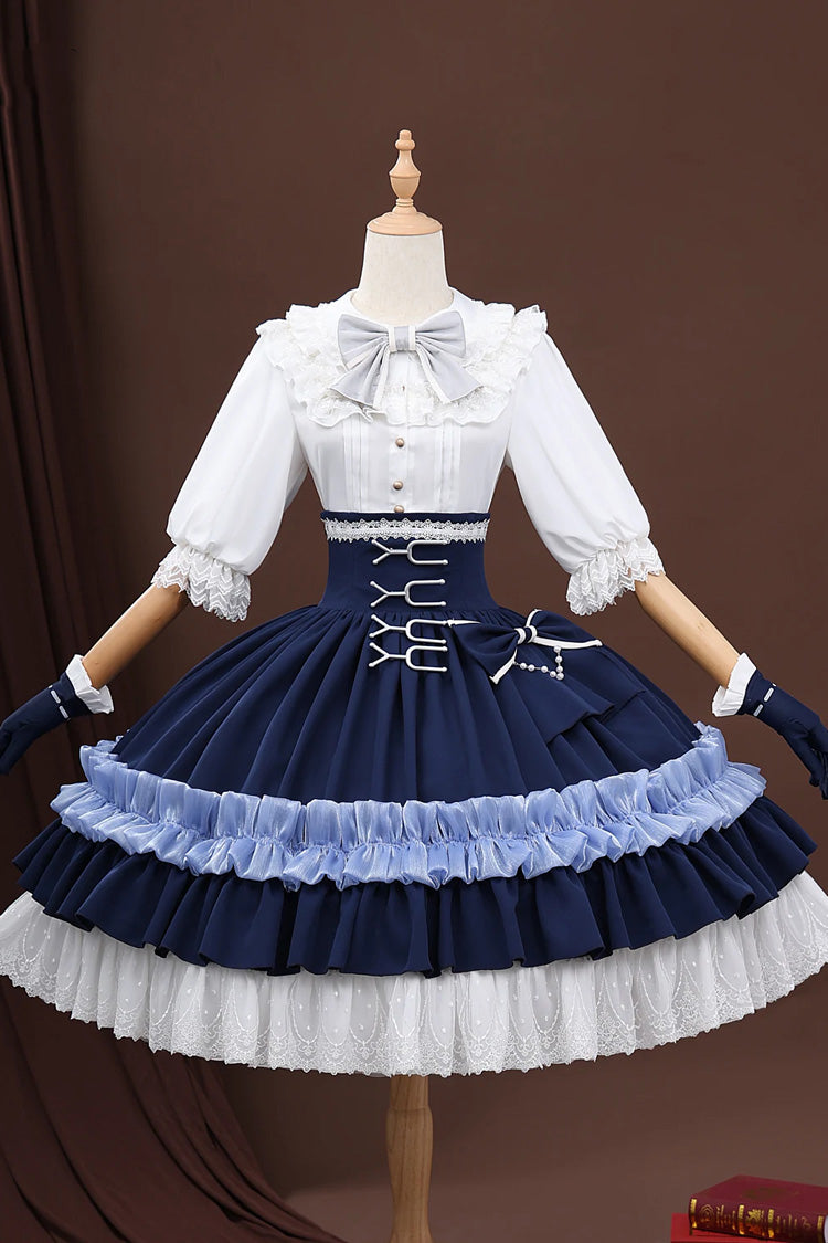White/Blue [Identity V Gardener Inspired Dreamy] Half Sleeves Multi-Layered Ruffled Bow Classic Chinese Inspired Lolita Skirt Set