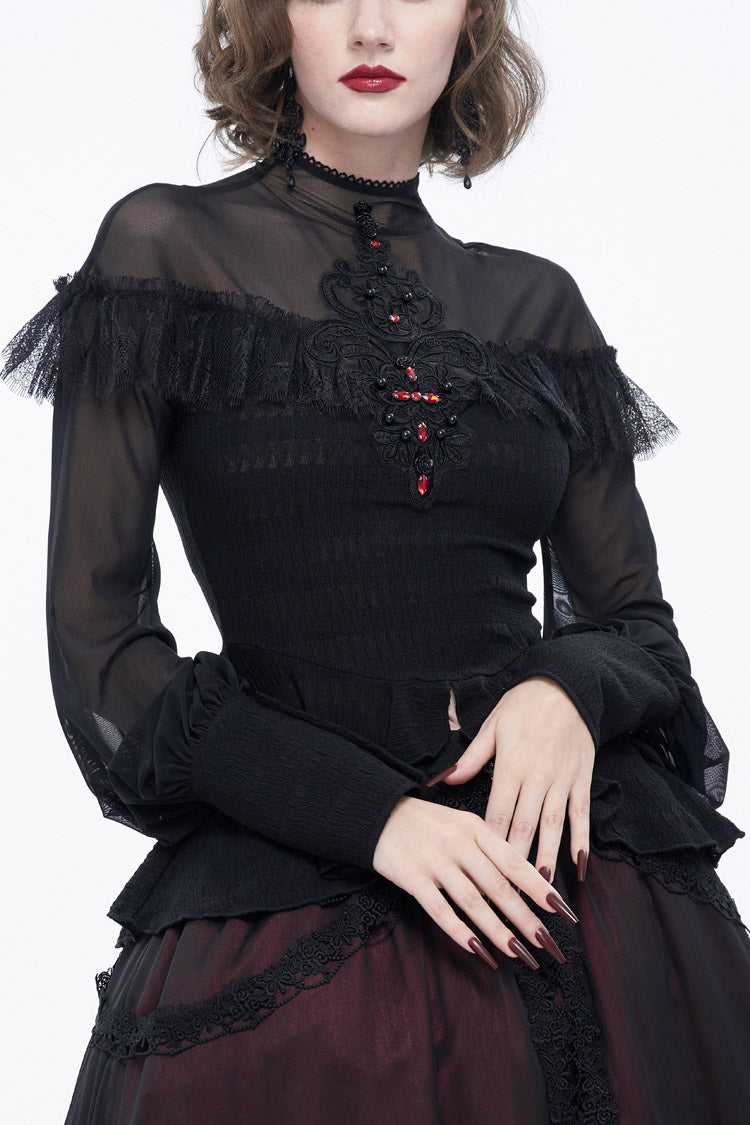 Schwarzes, sexy Rollkragen-Spitzen-Panel aus Netzstoff mit Laternenärmeln im Retro-Look für Damen im Gothic-Stil