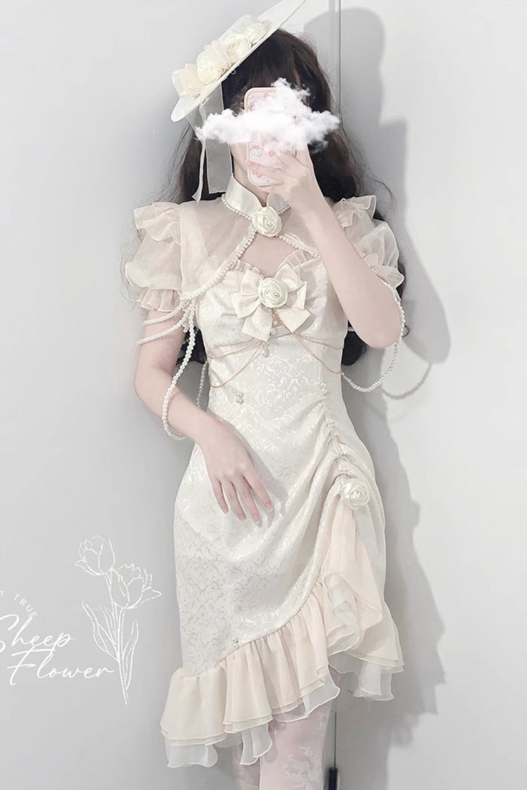 White [Camellia 2.0] Sleeveless Jacquard Ruffle Lace Asymmetric Sweet Chinese Style Fishtail Lolita Jsk Dress