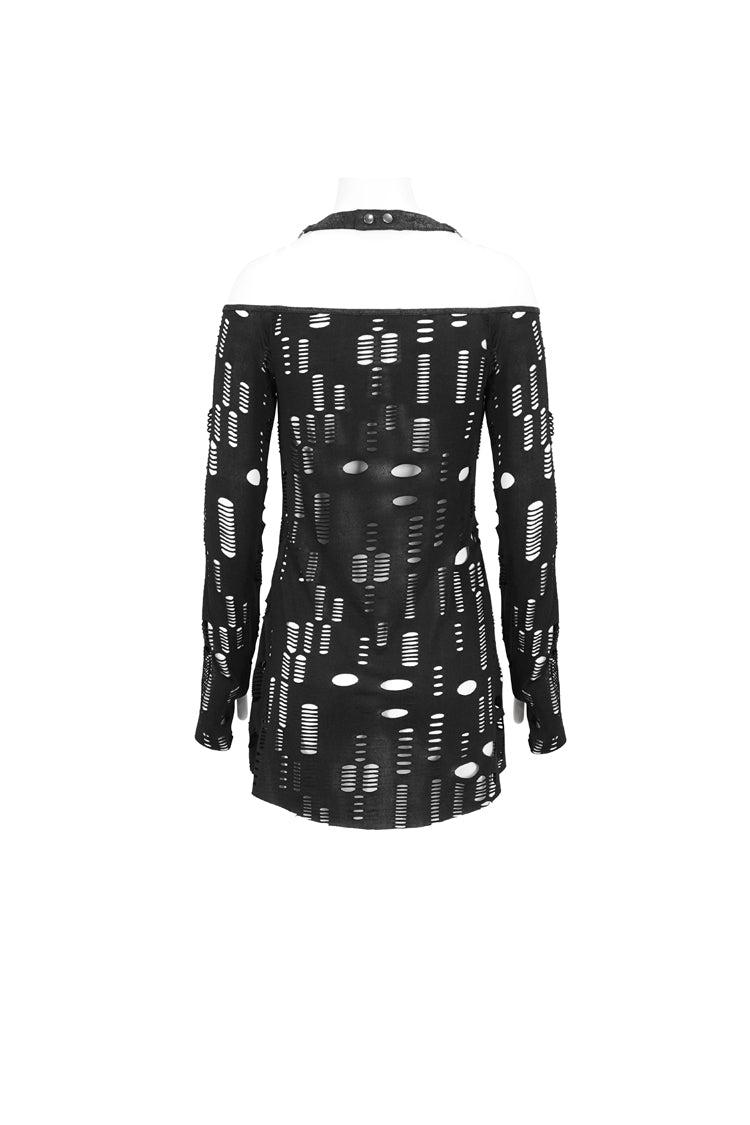 Black Elastic Ripped One Shoulder Rope Style Halter Neck Long Sleeves Women's Gothic T-Shirt