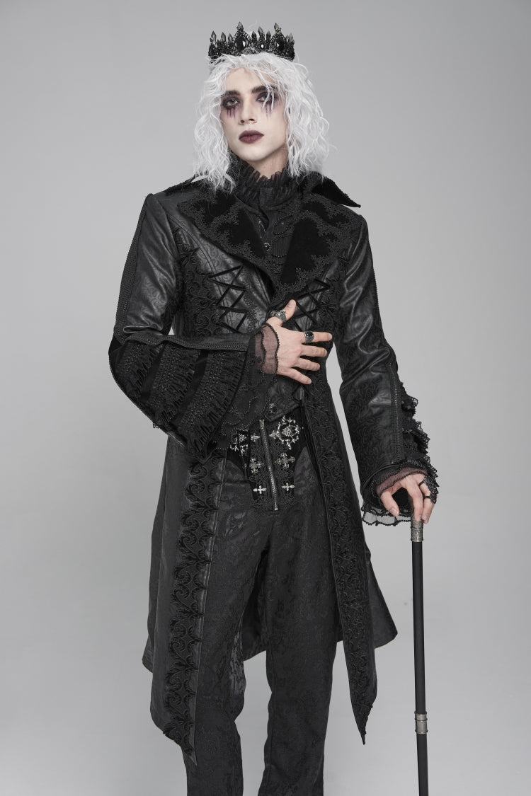 Black Long Trumpet Sleeves Floral Crochet Embroidery Lace-Up Men's Gothic Coat