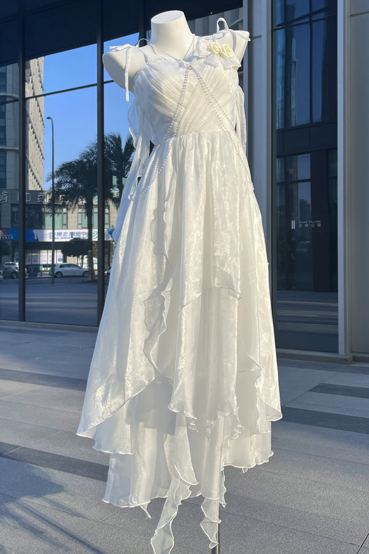 Weißes rückenfreies, asymmetrisches Lolita-JSK-Kleid aus Chiffon mit Schleife im Mondlicht-Look