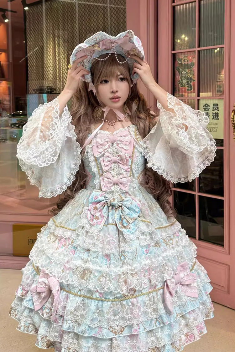 Blue [Candlelight Elegance] Long Trumpet Sleeves Multi-Layered Ruffle Bowknot Lace Sweet Elegant Lolita Dress