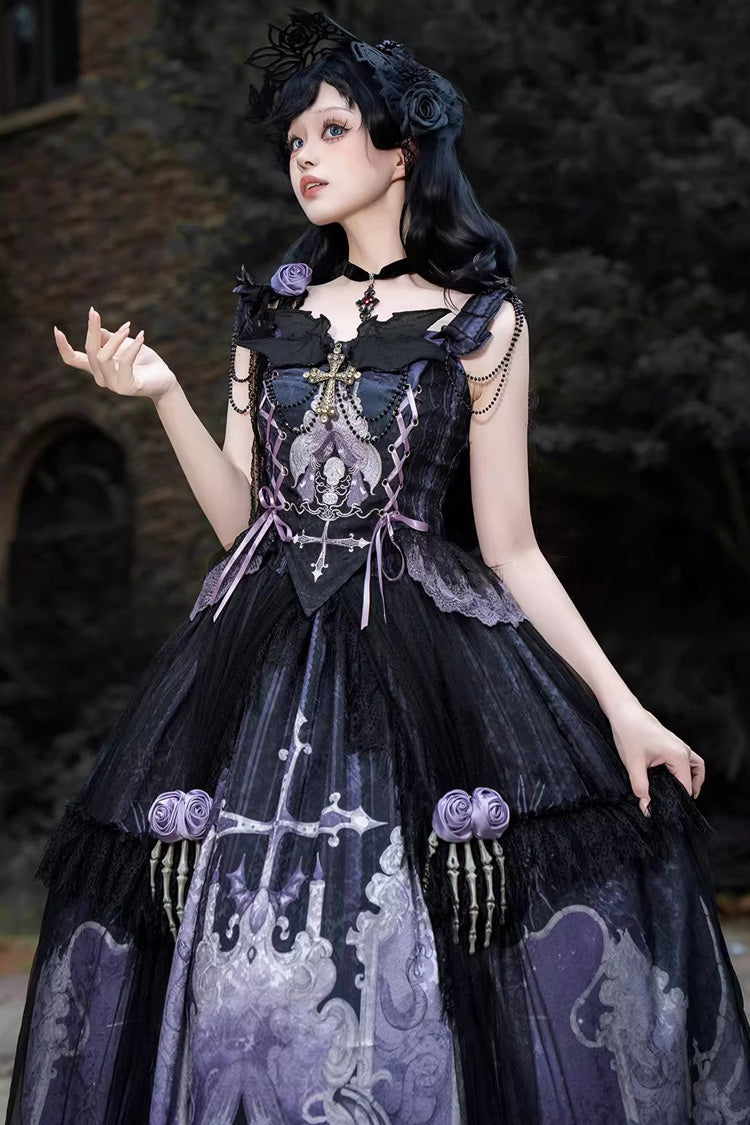 Black/Blue [Skull Magic] Print Ruffle Bowknot Gothic Elegant Lolita Skirt Two-Piece Set