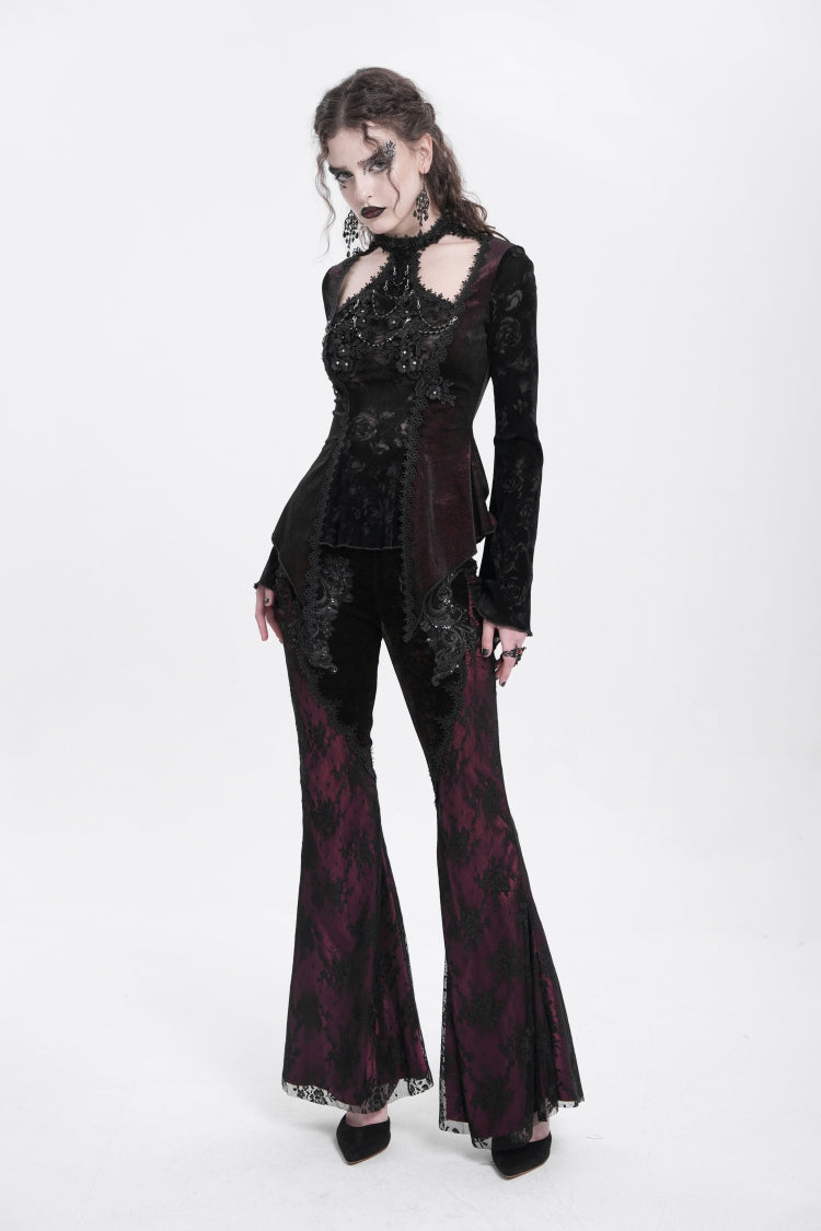 Red Long Trumpet Sleeves Jacquard Cutout Women's Gothic Blouse