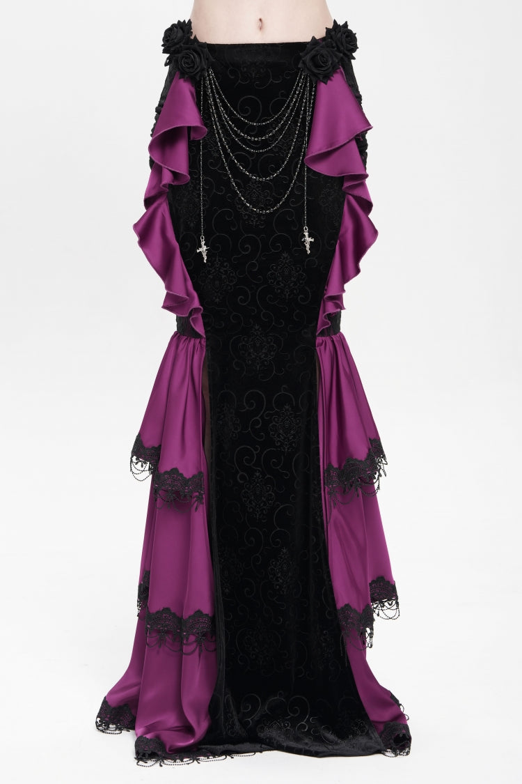 Purple Floral Print Lace-Up Rose Chain Women's Gothic Fishtail Skirt