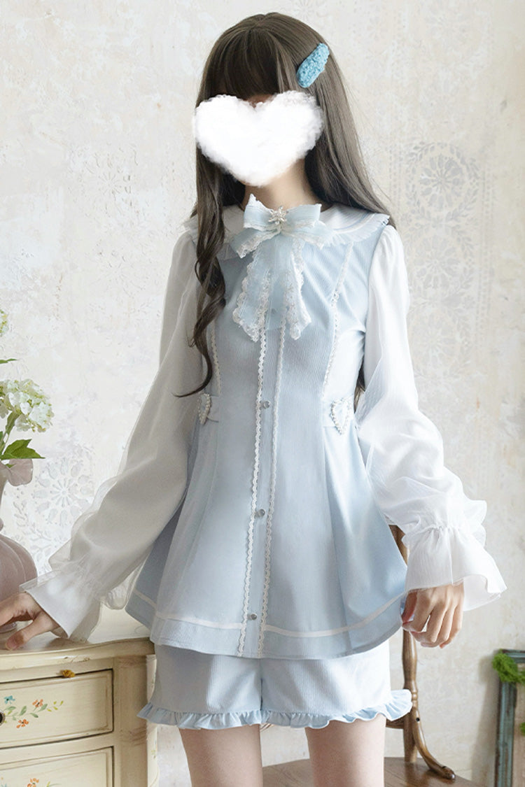 Blue Long Sleeves Ruffle Bowknot Lace Sweet Jirai Kei Dress Set