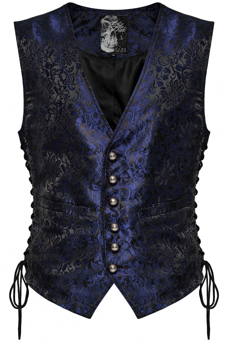 Black/Blue V Collar Jacquard Lace-Up Men's Gothic Vest