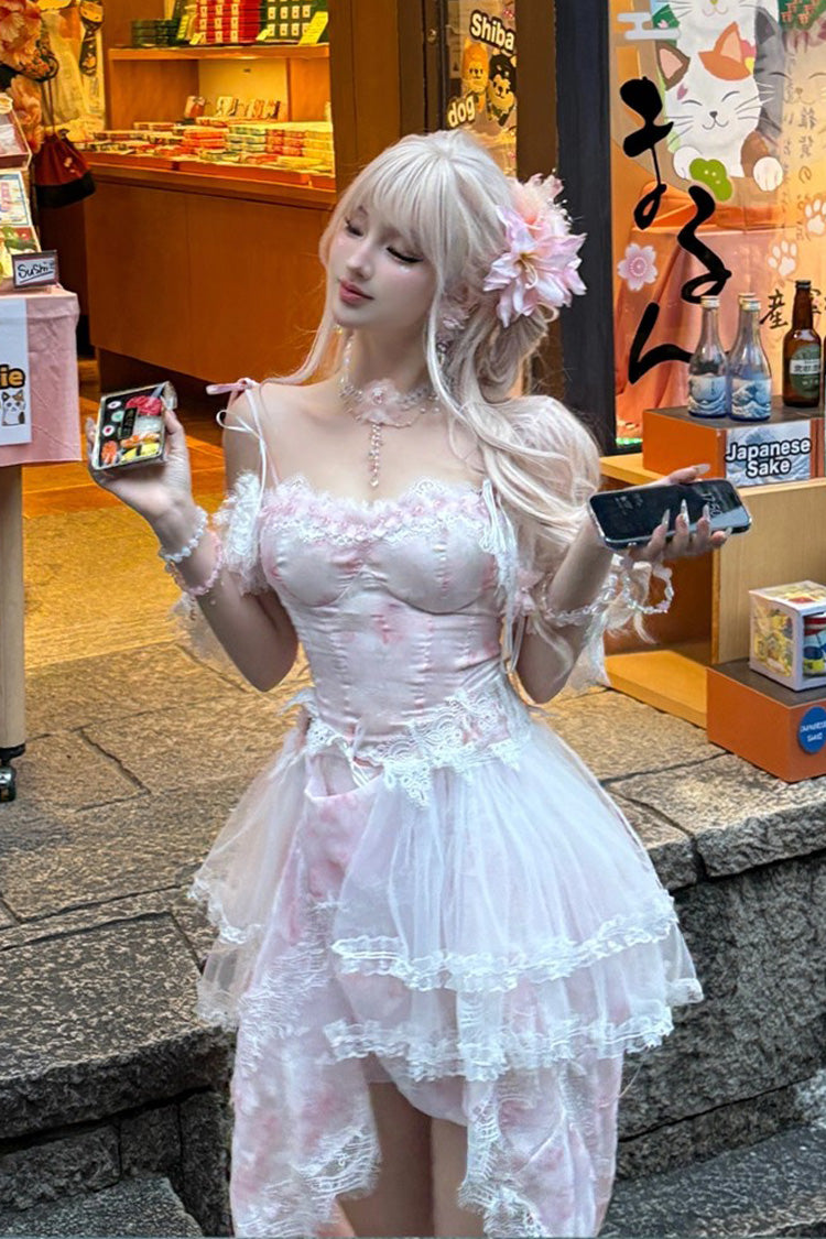 Pink [Sakura Trio] Sleeveless Double-Layered Ruffle Bowknot Lace Sweet Princess Lolita Jsk Dress