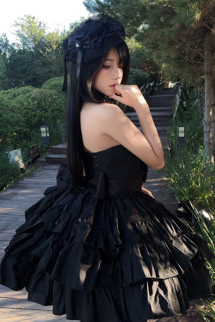 Black Sleeveless Triple-Layered Ruffle Bowknot Lace Gothic Princess Lolita Dress