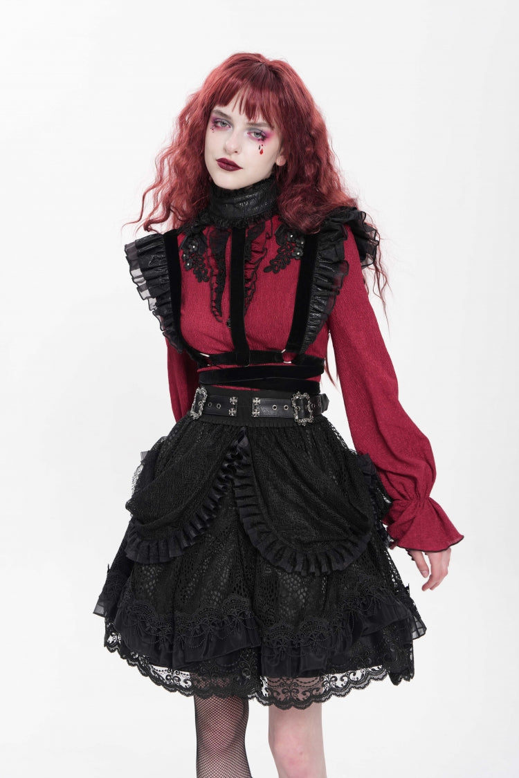 Black Multi-Layered Ruffle Buckle Straps Women's Gothic Skirt