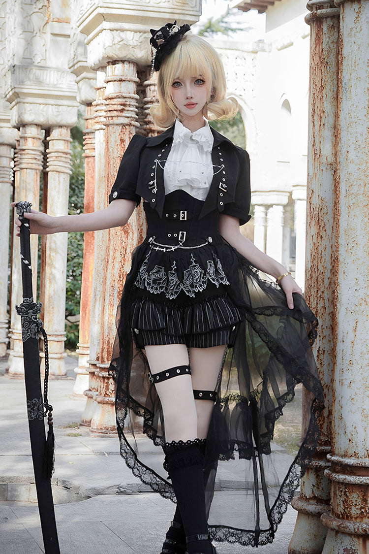 Black Lapel Collar Short Sleeves Lace Prince Ouji Lolita Three-piece Set